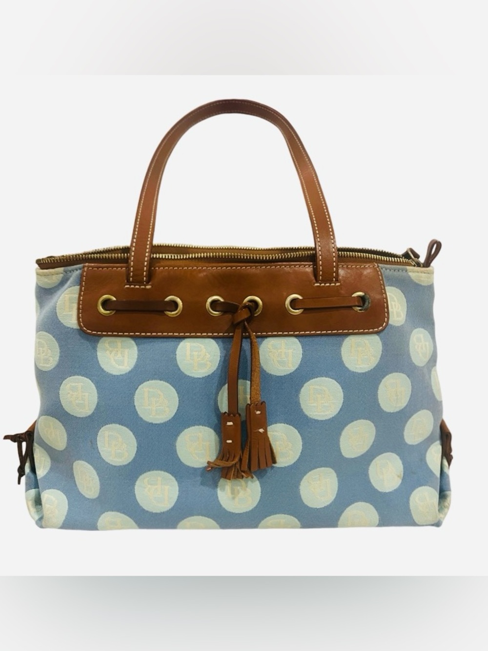 🎉Host Pick🎉 Dooney & Bourke Blue Polka Dot Canvas Tote with Brown Leather Trim